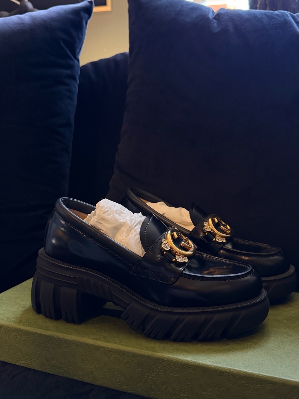 Gucci Patent Leather Magnum Platform Loafers with Gold GG and Crystal Details